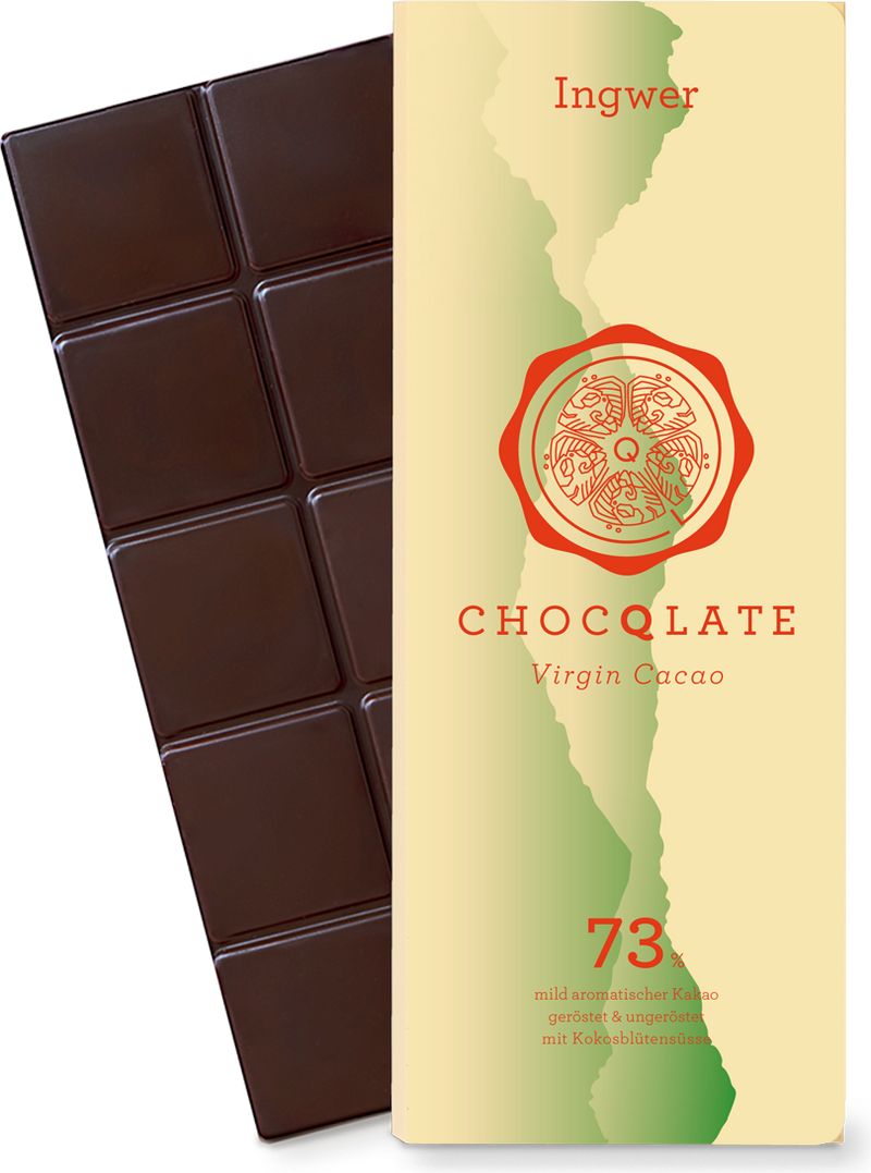 CHOCQLATE Ingwer Bio Schokolade 73 % – Verpackung und Schokolade mit Ingwer