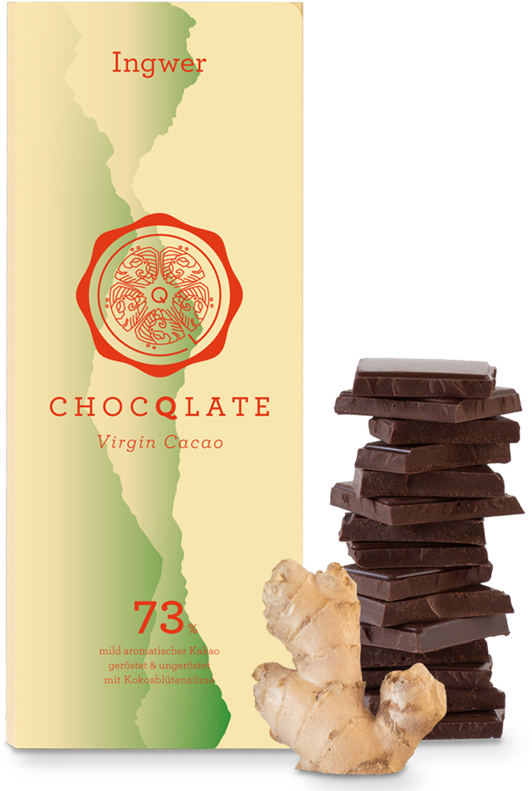 CHOCQLATE Ingwer Bio Schokolade 73 % – Verpackung, Schokoladenstücke und Ingwer