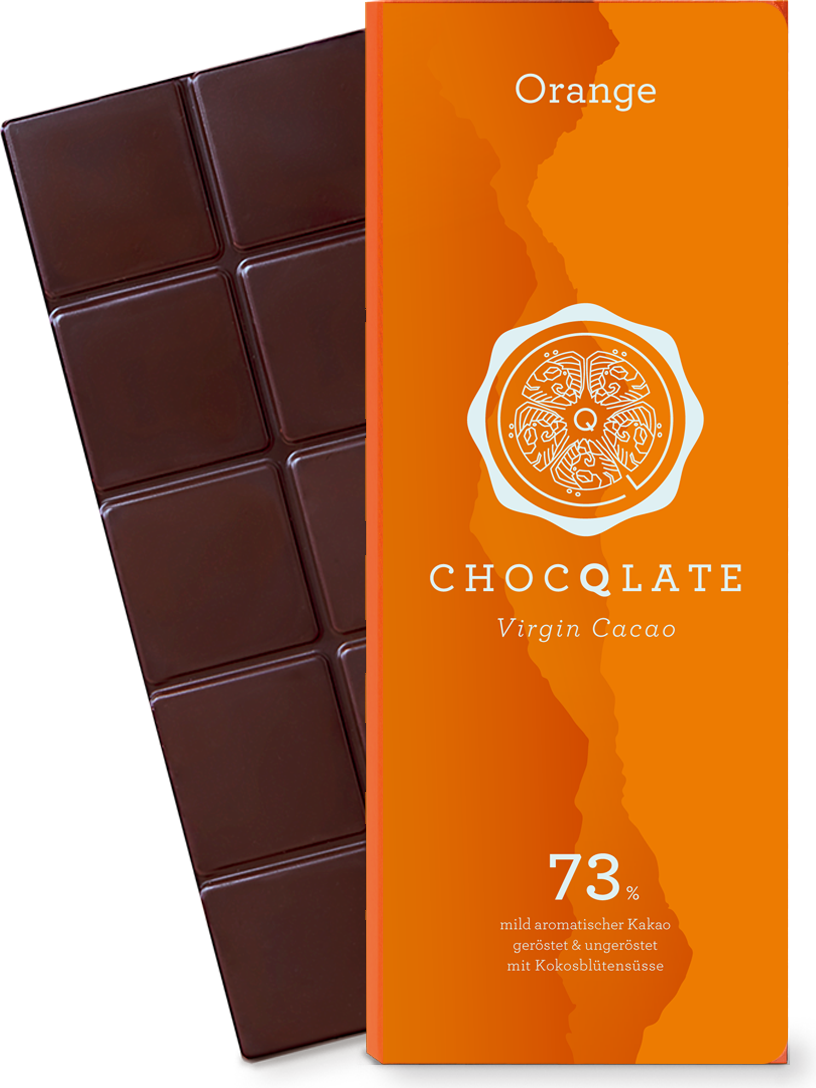 CHOCQLATE Orange Bio Schokolade 73 % – Verpackung und Schokolade mit Orange