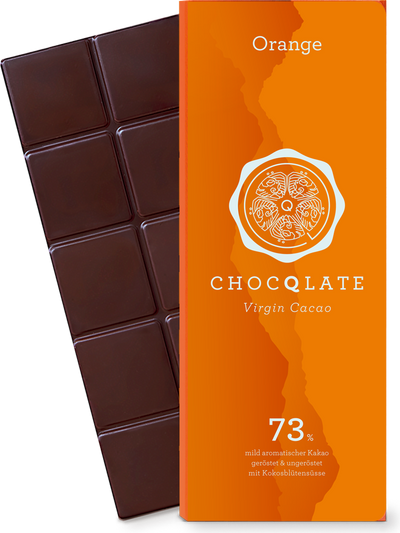CHOCQLATE Orange Bio Schokolade 73 % – Verpackung und Schokolade mit Orange