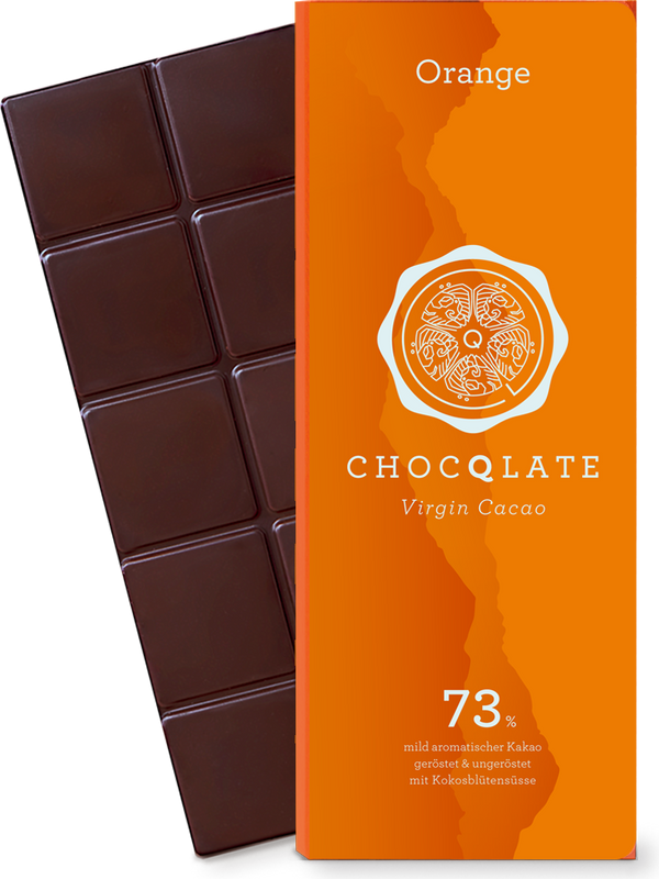 CHOCQLATE Orange Bio Schokolade 73 % – Verpackung und Schokolade mit Orange