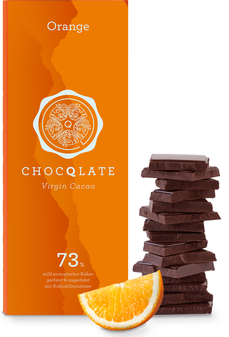 CHOCQLATE Orange Bio Schokolade 73 % – Verpackung, Schokoladenstücke und Orange