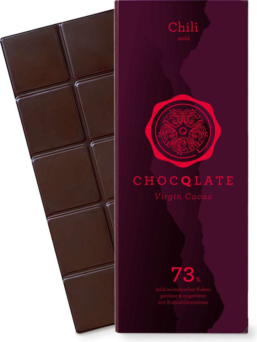 CHOCQLATE Chili Bio Schokolade 73 % – Verpackung und Schokolade mit Chili