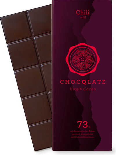 CHOCQLATE Chili Bio Schokolade 73 % – Verpackung und Schokolade mit Chili