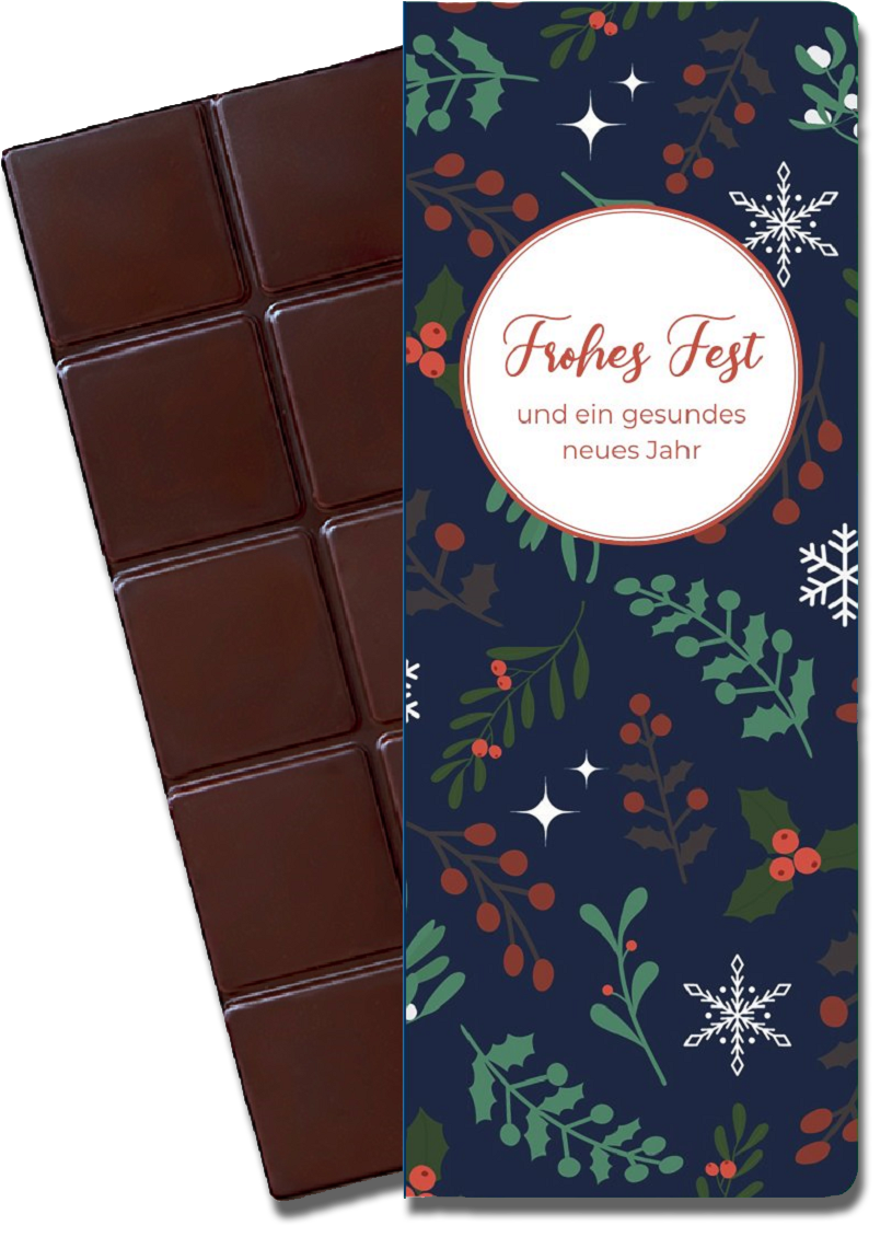 CHOCQLATE „Frohes Fest“ Schokolade 50 % mit Haselnussmus – Verpackung und Schokolade mit Haselnüssen