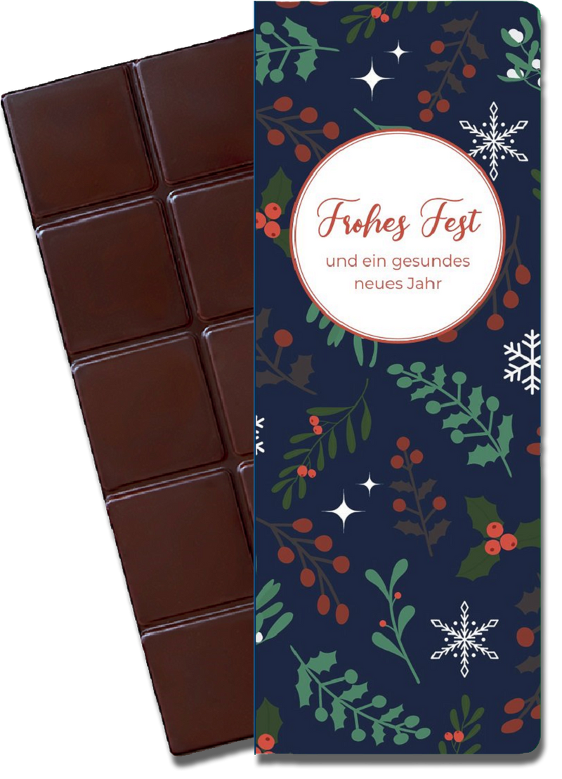 CHOCQLATE „Frohes Fest“ Schokolade 50 % mit Haselnussmus – Verpackung und Schokolade mit Haselnüssen