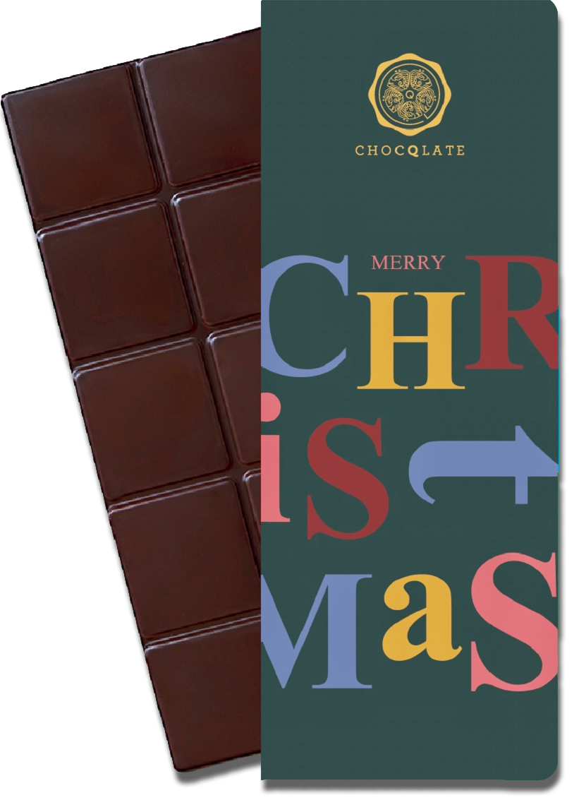 CHOCQLATE „Merry Christmas“ Schokolade 50 % mit Haselnussmus – Verpackung und Schokolade mit Haselnüssen