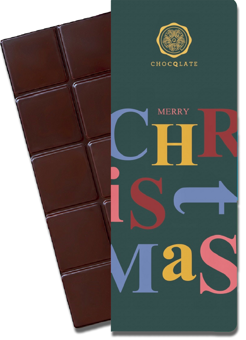 CHOCQLATE „Merry Christmas“ Schokolade 50 % mit Haselnussmus – Verpackung und Schokolade mit Haselnüssen