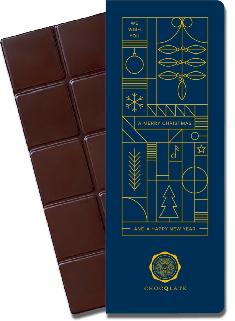 CHOCQLATE „We wish you...“ Schokolade 50 % mit Haselnussmus – Verpackung und Schokolade mit Haselnüssen