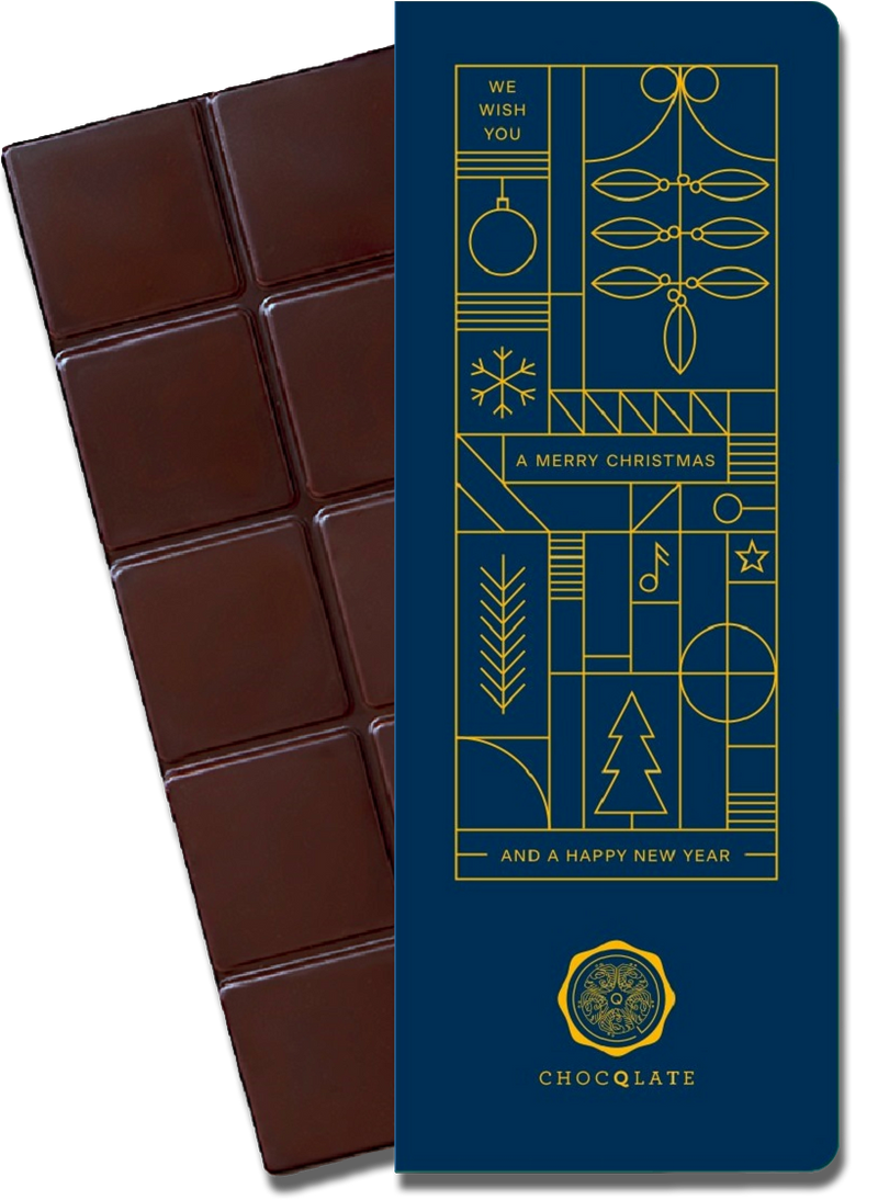 CHOCQLATE „We wish you...“ Schokolade 50 % mit Haselnussmus – Verpackung und Schokolade mit Haselnüssen
