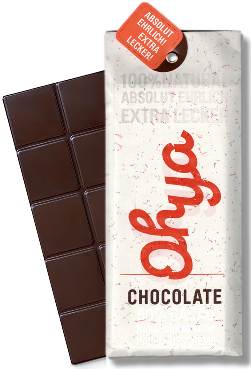 CHOCQLATE „Ohya“ Schokolade 50 % mit Haselnussmus – Verpackung und Schokolade mit Haselnüssen