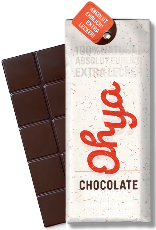 CHOCQLATE „Ohya“ Schokolade 50 % mit Haselnussmus – Verpackung und Schokolade mit Haselnüssen