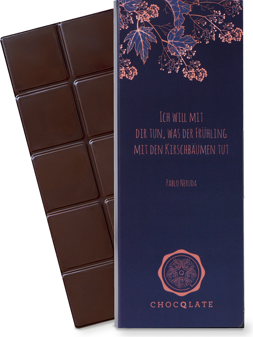 CHOCQLATE „Ich will mit dir tun, was der Frühling mit den Kirsc…“ Schokolade 50… – Verpackung und Schokolade mit Haselnüssen