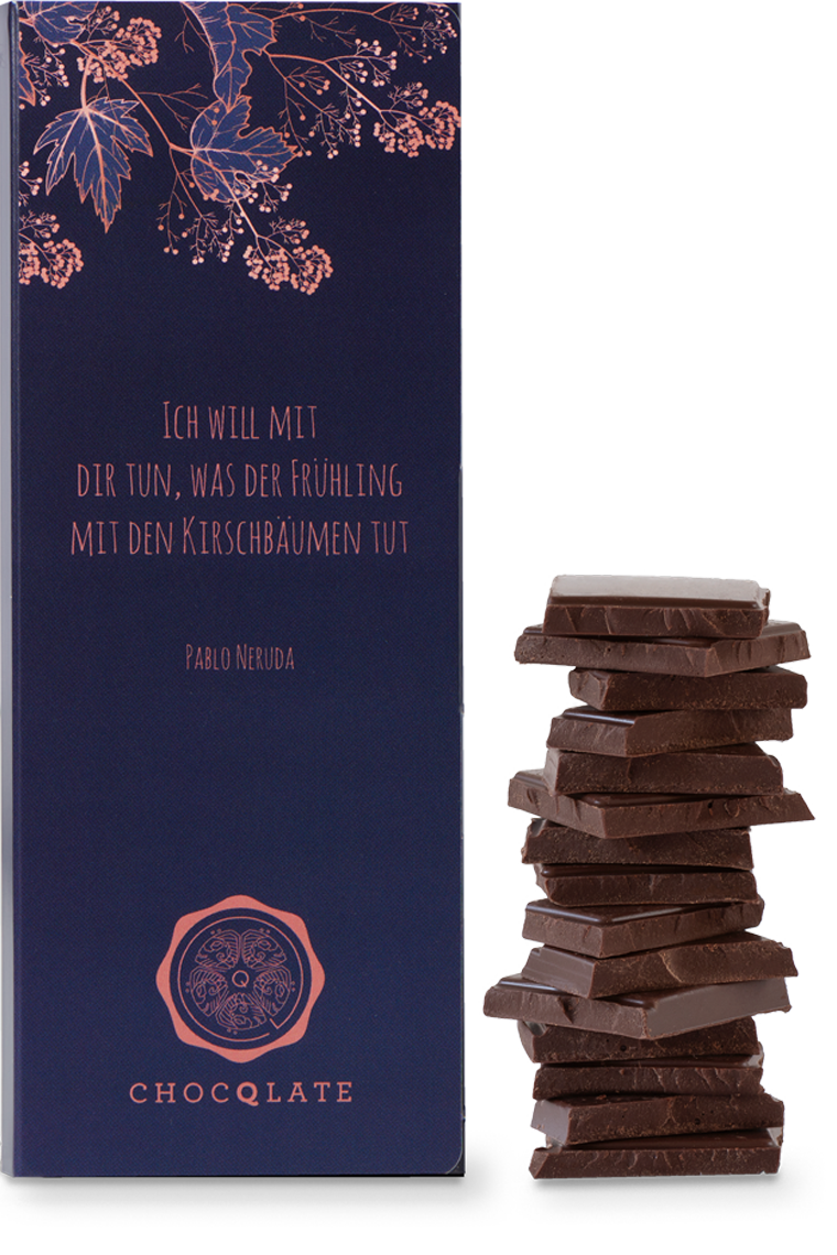 CHOCQLATE „Ich will mit dir tun, was der Frühling mit den Kirsc…“ Schokolade… – Verpackung, Schokoladenstücke und Haselnüssen