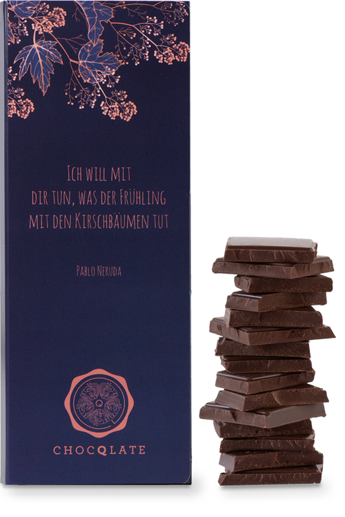 CHOCQLATE „Ich will mit dir tun, was der Frühling mit den Kirsc…“ Schokolade… – Verpackung, Schokoladenstücke und Haselnüssen