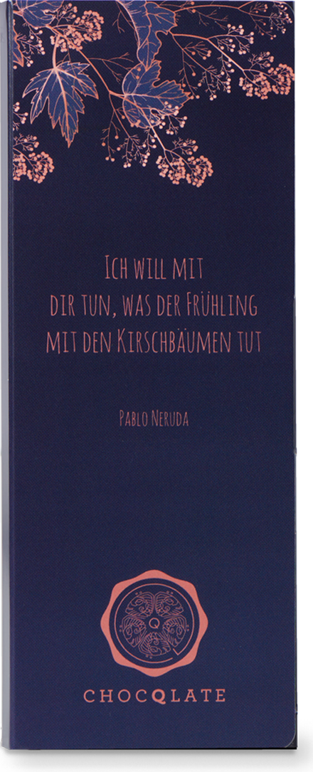CHOCQLATE „Ich will mit dir tun, was der Frühling mit den Kirsc…“ Schokolade 50 % mit Haselnuss… – Vorderseite der Verpackung