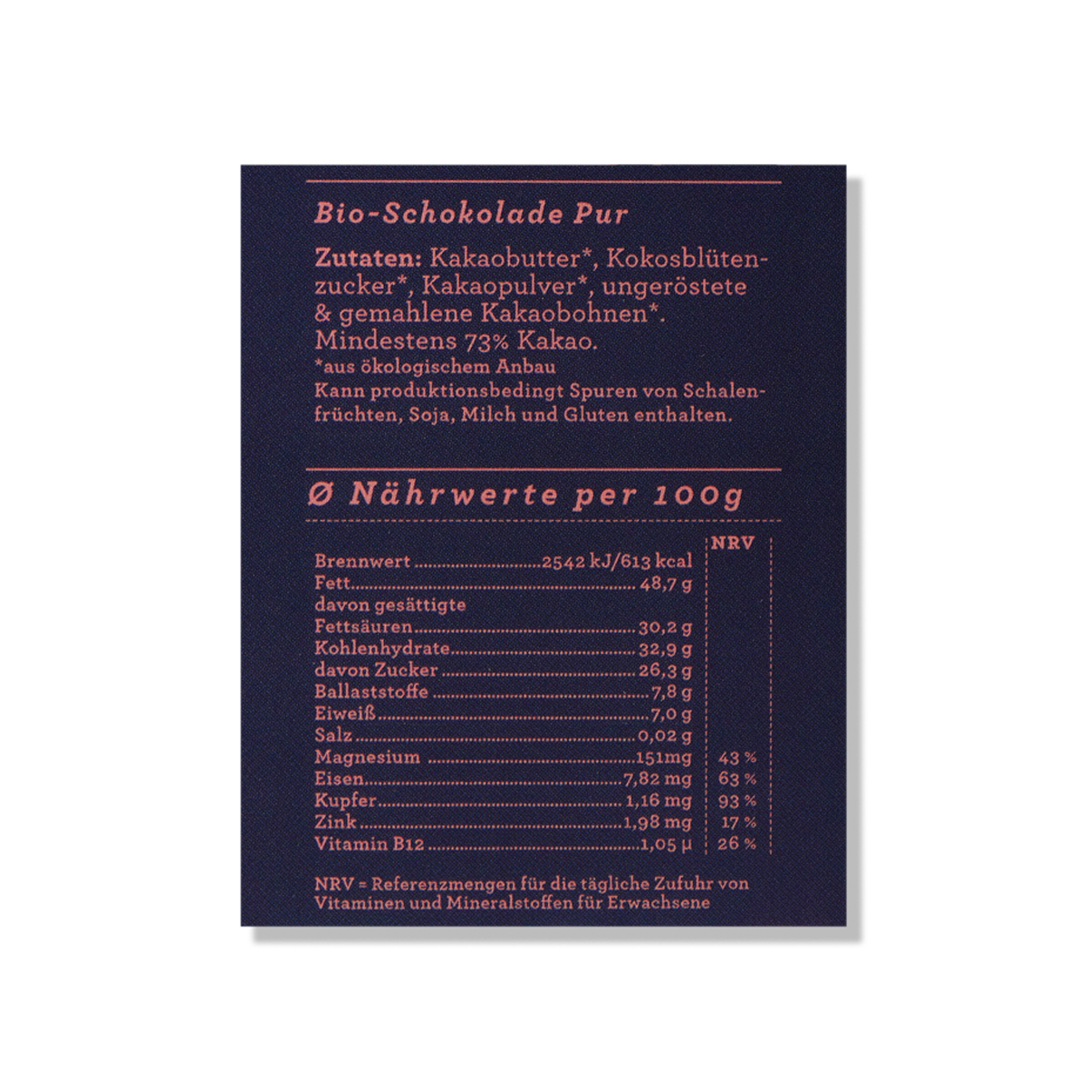 Nährwerttabelle der CHOCQLATE „Ich will mit dir tun, was der Frühling mit den Kirsc…“ Schokolade 50 % mit Haselnussmus