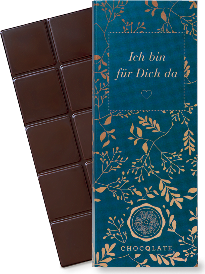 CHOCQLATE „Ich bin für Dich da“ Schokolade 50 % mit Haselnussmus – Verpackung und Schokolade mit Haselnüssen