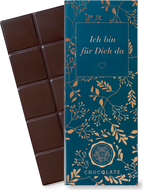 CHOCQLATE „Ich bin für Dich da“ Schokolade 50 % mit Haselnussmus – Verpackung und Schokolade mit Haselnüssen