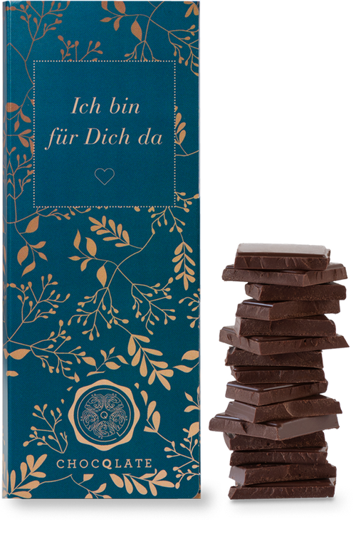 CHOCQLATE „Ich bin für Dich da“ Schokolade 50 % mit Haselnussmus – Verpackung, Schokoladenstücke und Haselnüssen