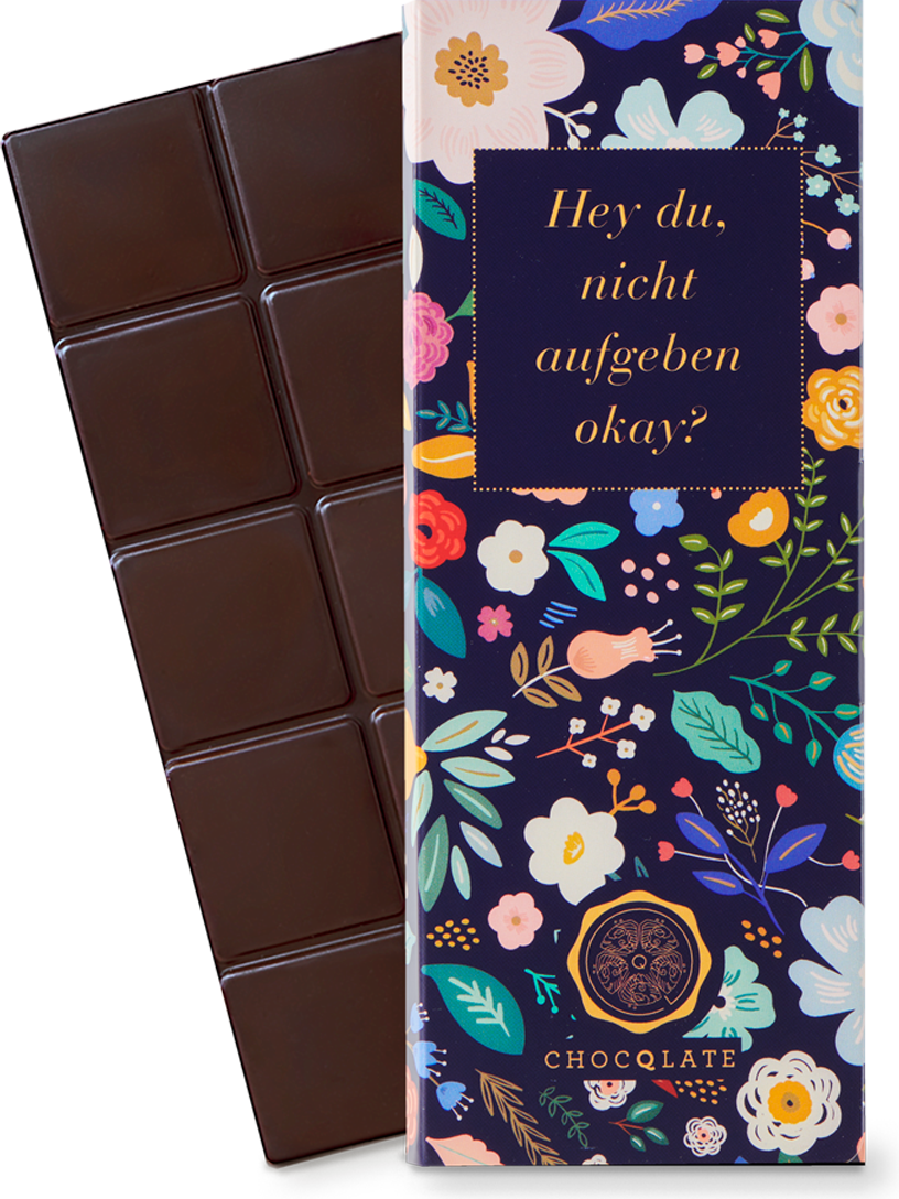 CHOCQLATE „Hey du, nicht aufgeben, okay?“ Schokolade 50 % mit Haselnussmus – Verpackung und Schokolade mit Haselnüssen