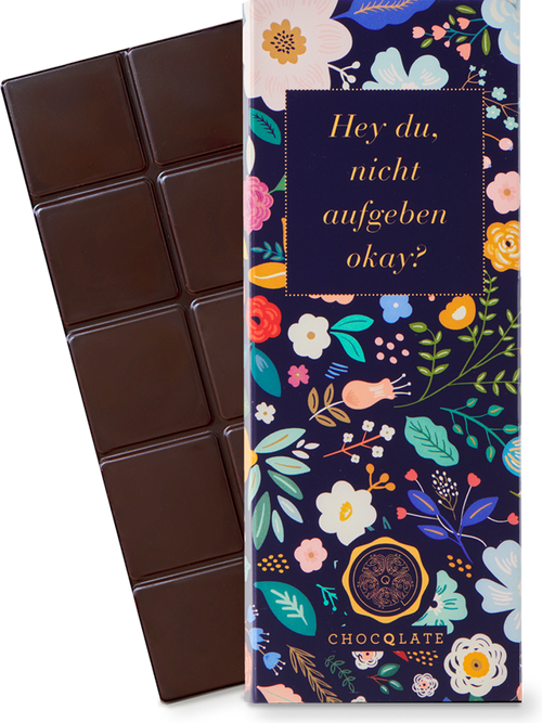 CHOCQLATE „Hey du, nicht aufgeben, okay?“ Schokolade 50 % mit Haselnussmus – Verpackung und Schokolade mit Haselnüssen