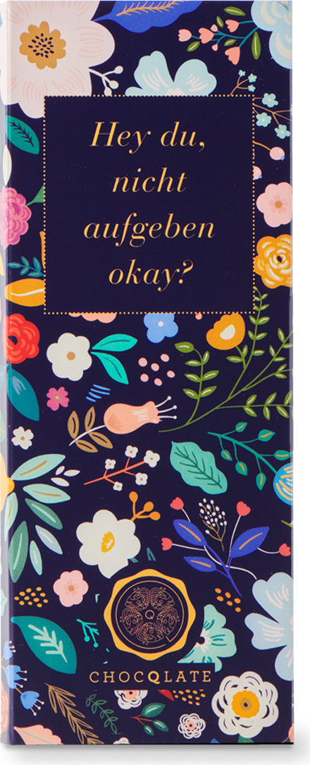 CHOCQLATE „Hey du, nicht aufgeben, okay?“ Schokolade 50 % mit Haselnussmus – Vorderseite der Verpackung