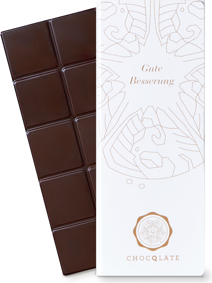 CHOCQLATE „Gute Besserung“ Schokolade 50 % mit Haselnussmus – Verpackung und Schokolade mit Haselnüssen