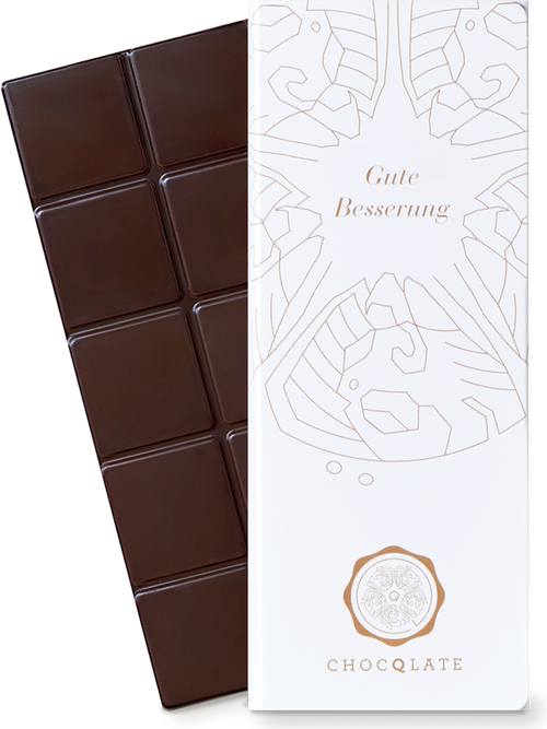 CHOCQLATE „Gute Besserung“ Schokolade 50 % mit Haselnussmus – Verpackung und Schokolade mit Haselnüssen