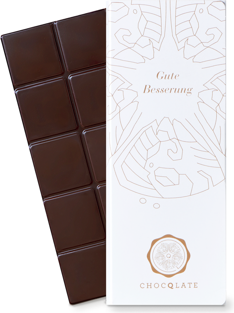 CHOCQLATE „Gute Besserung“ Schokolade 50 % mit Haselnussmus – Verpackung und Schokolade mit Haselnüssen