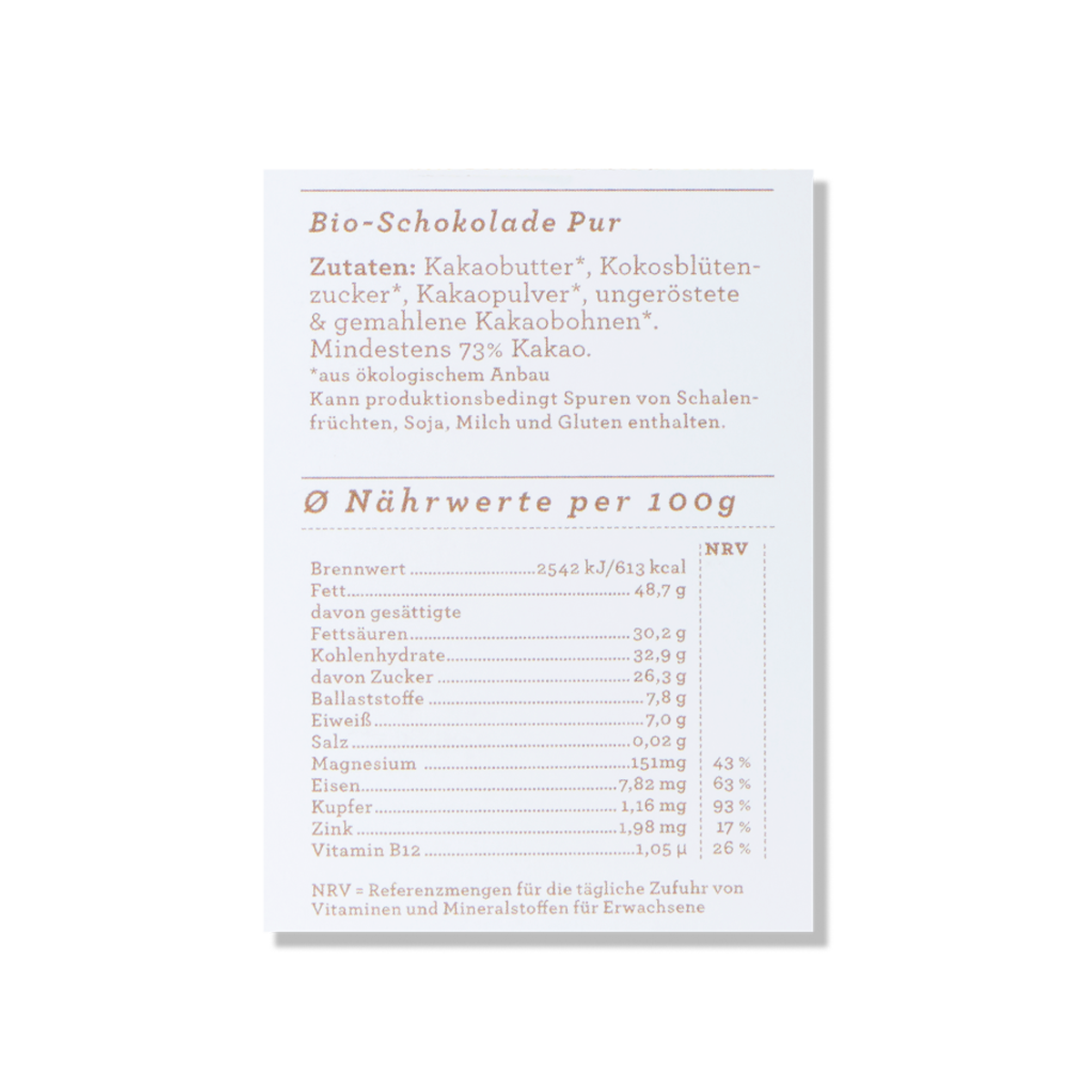 Nährwerttabelle der CHOCQLATE „Gute Besserung“ Schokolade 50 % mit Haselnussmus