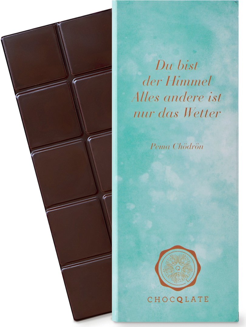 CHOCQLATE „Du bist der Himmel“ Schokolade 50 % mit Haselnussmus – Verpackung und Schokolade mit Haselnüssen