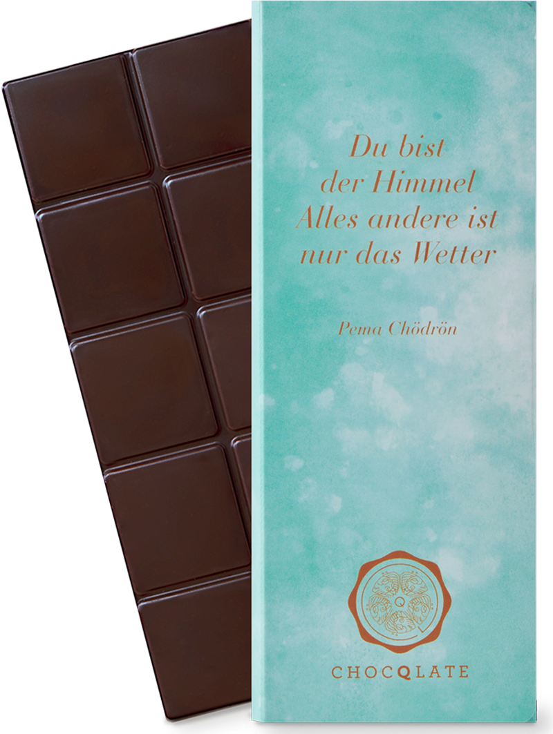 CHOCQLATE „Du bist der Himmel“ Schokolade 50 % mit Haselnussmus – Verpackung und Schokolade mit Haselnüssen