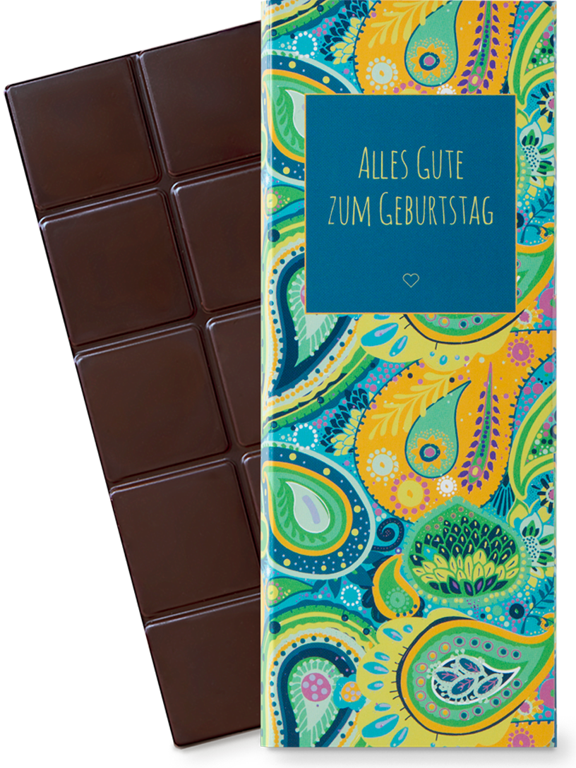 CHOCQLATE „Alles Gute zum Geburtstag“ CHOCQLATE Bio Schokolade 50 % Kakao – Verpackung und Schokolade