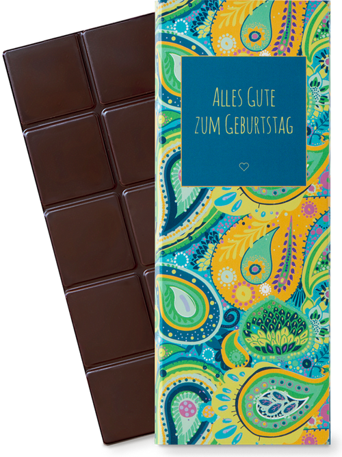 CHOCQLATE „Alles Gute zum Geburtstag“ CHOCQLATE Bio Schokolade 50 % Kakao – Verpackung und Schokolade