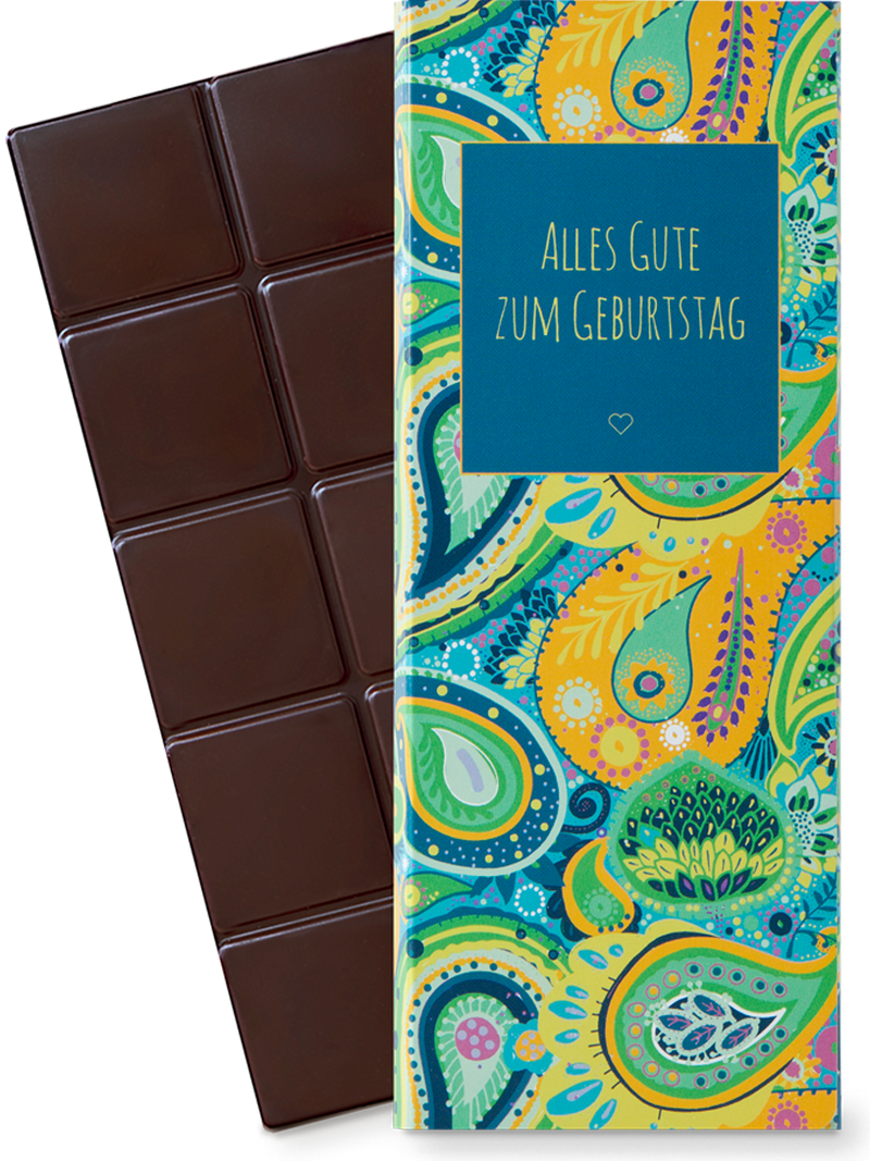 CHOCQLATE „Alles Gute zum Geburtstag“ CHOCQLATE Bio Schokolade 50 % Kakao – Verpackung und Schokolade