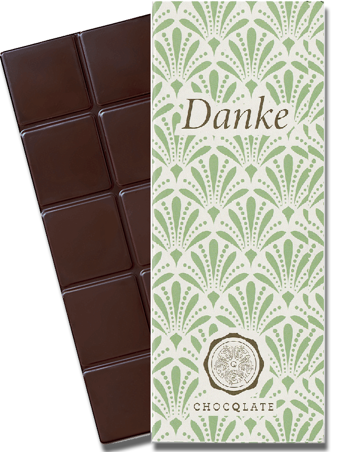 CHOCQLATE „Danke“ Schokolade 50 % mit Haselnussmus – Verpackung und Schokolade mit Haselnüssen