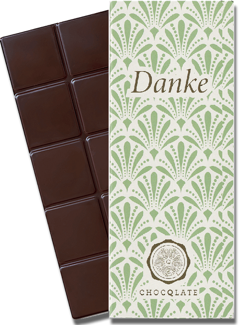 CHOCQLATE „Danke“ Schokolade 50 % mit Haselnussmus – Verpackung und Schokolade mit Haselnüssen