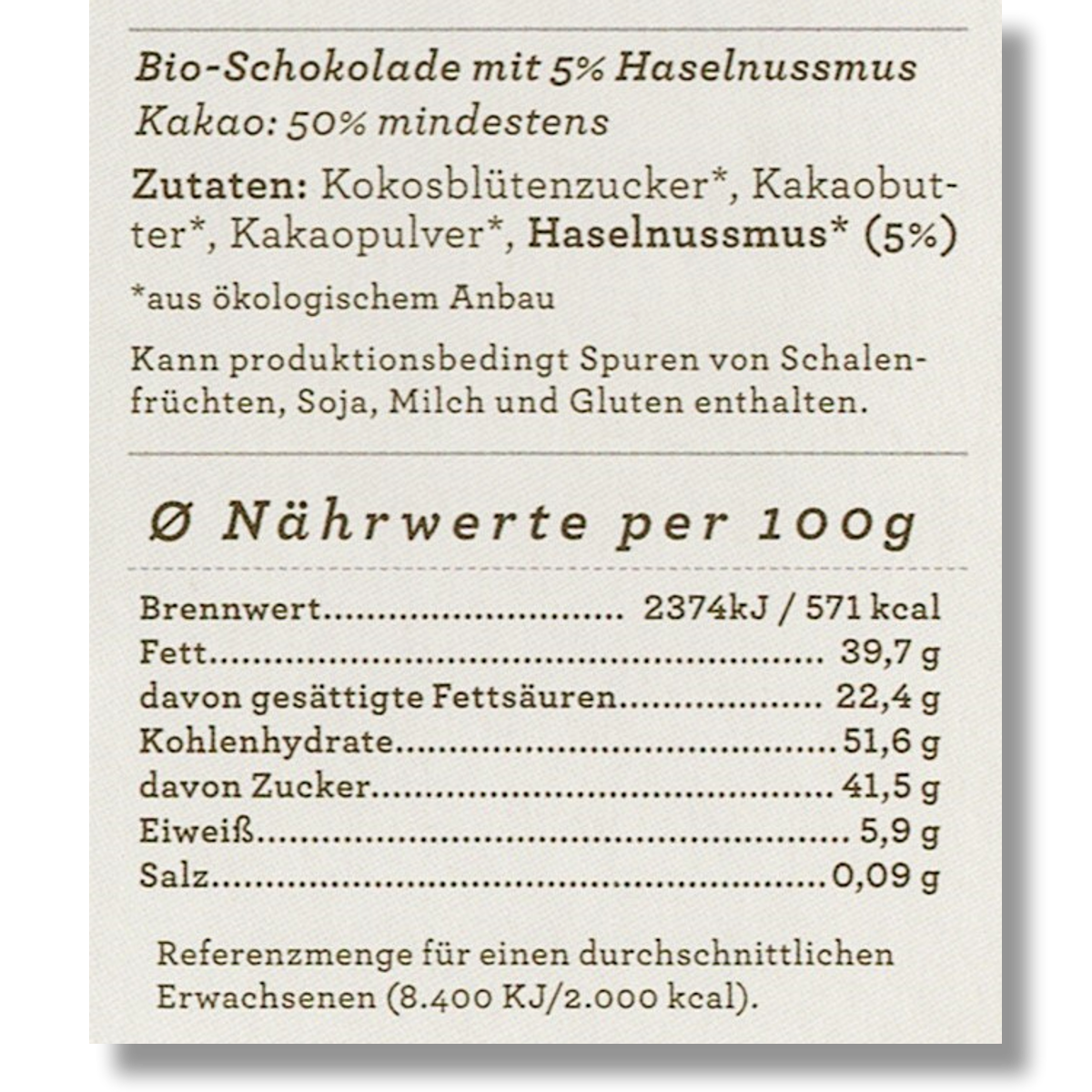 Nährwerttabelle der CHOCQLATE „Danke“ Schokolade 50 % mit Haselnussmus