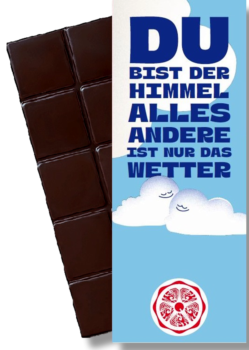 CHOCQLATE „Du bist der Himmel“ Schokolade 50 % mit Haselnussmus – Verpackung und Schokolade mit Haselnüssen