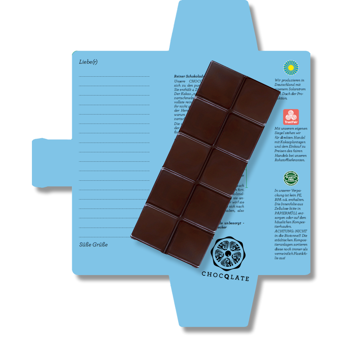 CHOCQLATE „Du bist der Himmel“ Schokolade 50 % mit Haselnussmus – Verpackung, Schokoladenstücke und Haselnüssen