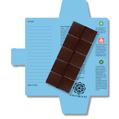 CHOCQLATE „Du bist der Himmel“ Schokolade 50 % mit Haselnussmus – Verpackung, Schokoladenstücke und Haselnüssen