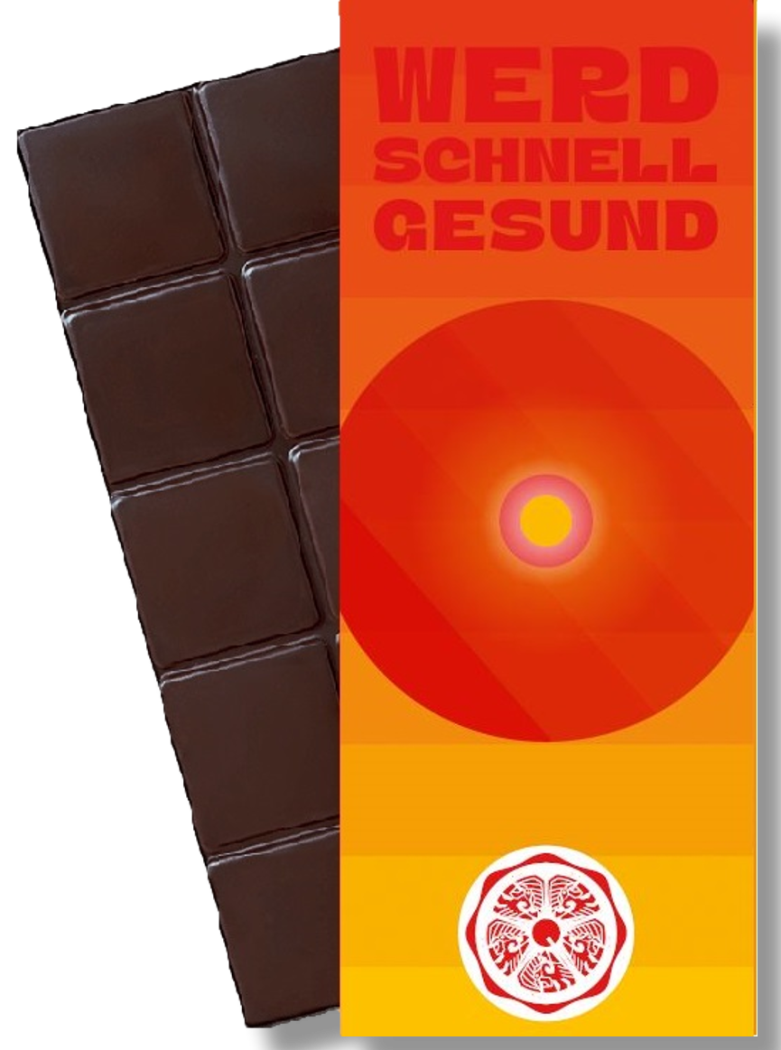 CHOCQLATE „Werd schnell gesund“ Schokolade 50 % mit Haselnussmus – Verpackung und Schokolade mit Haselnüssen