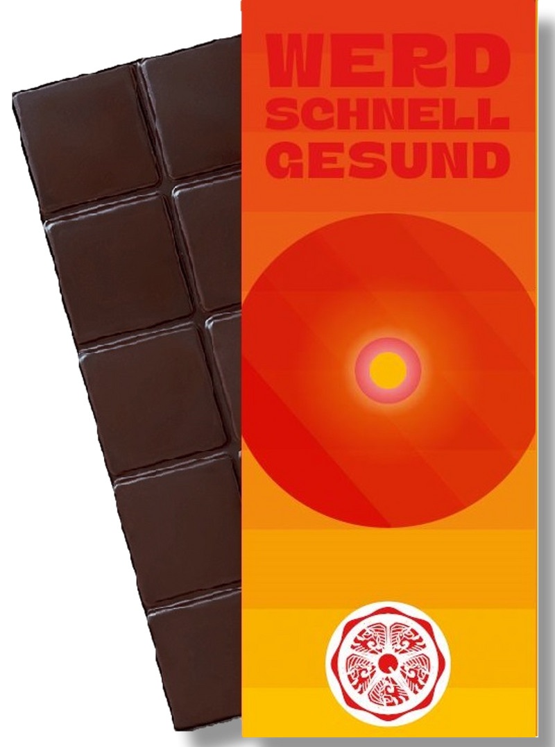 CHOCQLATE „Werd schnell gesund“ Schokolade 50 % mit Haselnussmus – Verpackung und Schokolade mit Haselnüssen