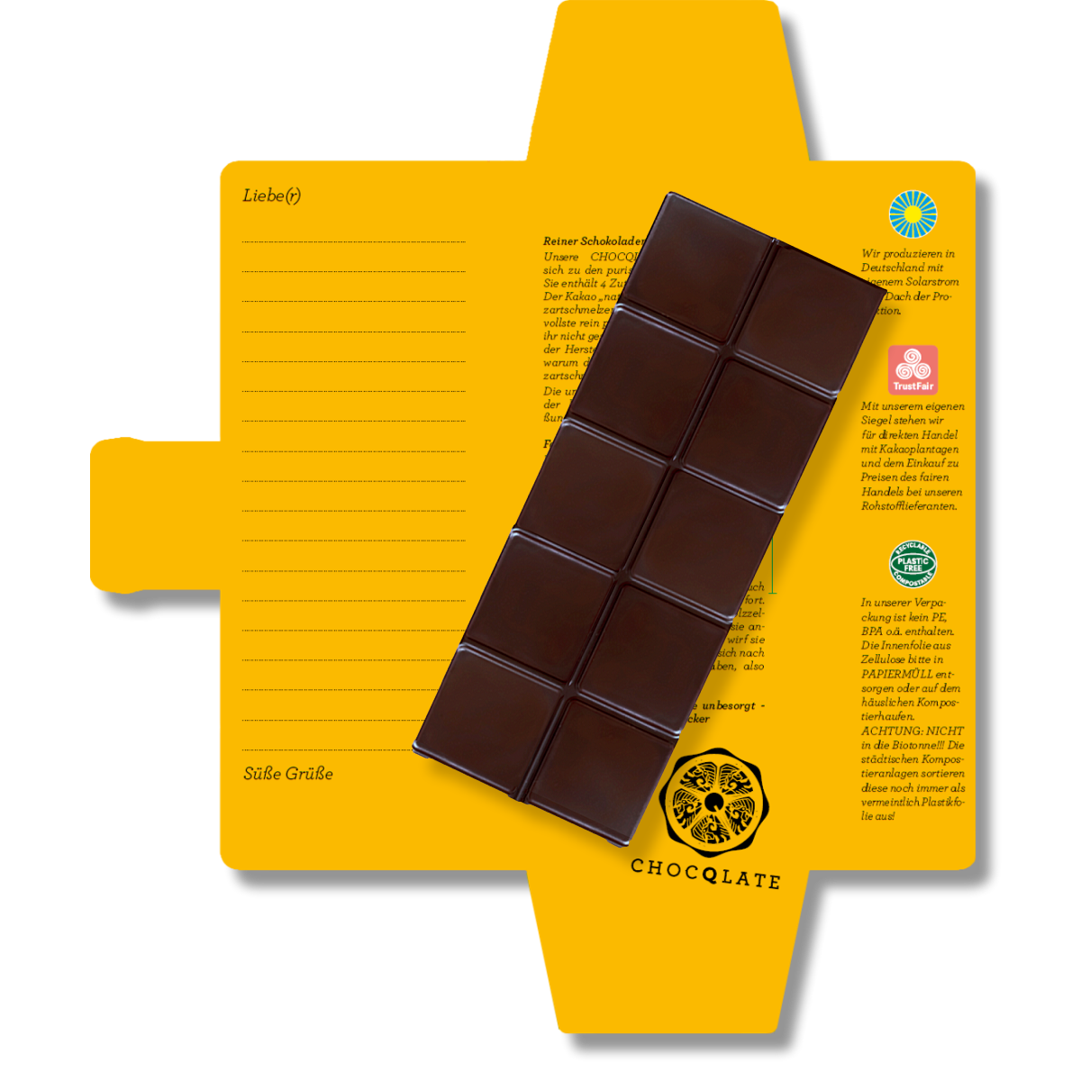 CHOCQLATE „Werd schnell gesund“ Schokolade 50 % mit Haselnussmus – Verpackung, Schokoladenstücke und Haselnüssen