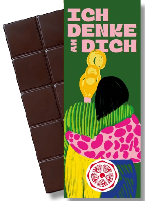 CHOCQLATE „Ich Denke an Dich“ Schokolade 50 % mit Haselnussmus – Verpackung und Schokolade mit Haselnüssen