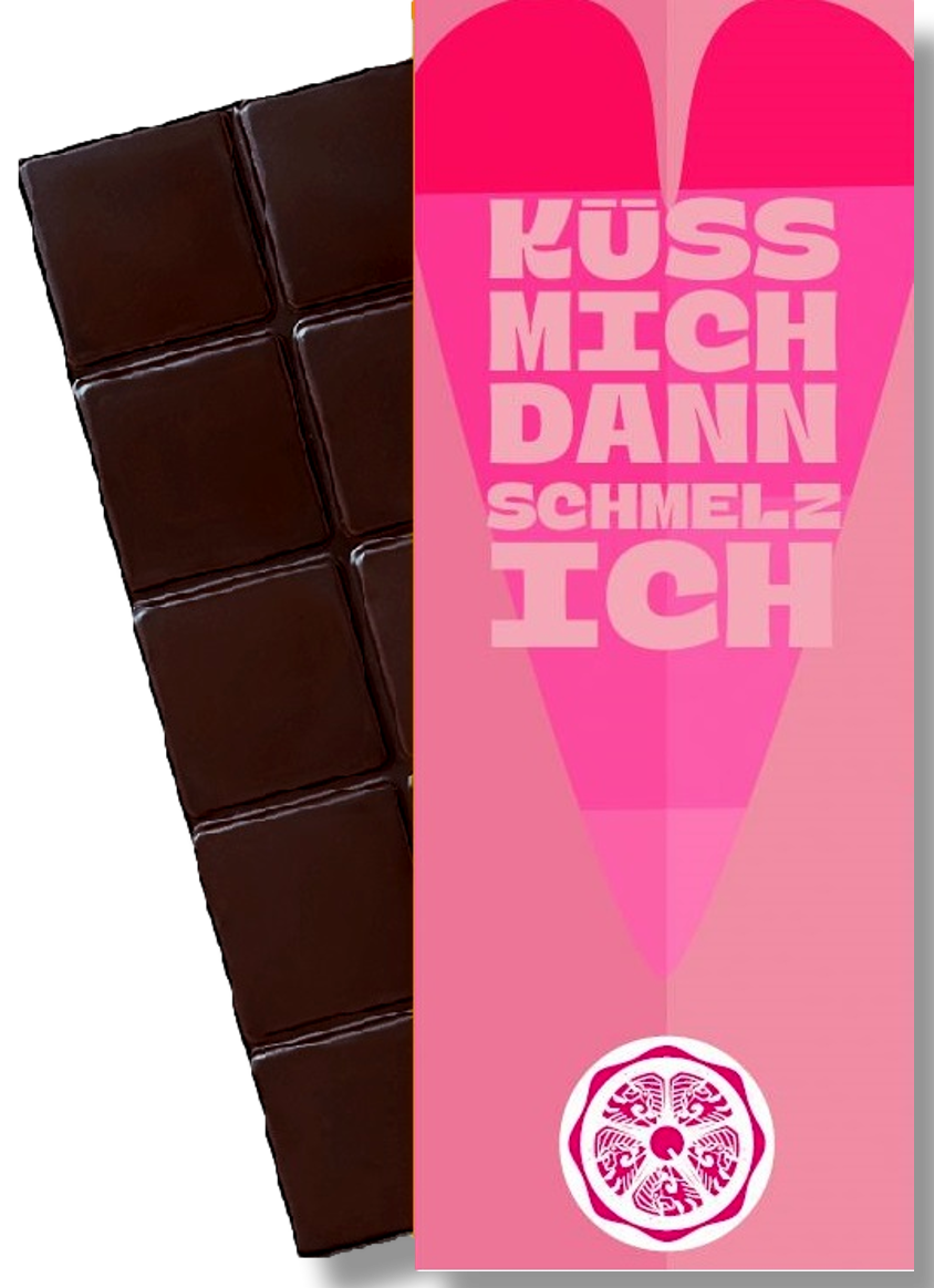 CHOCQLATE „Küss mich, dann schmelz ich“ Schokolade 50 % mit Haselnussmus – Verpackung und Schokolade mit Haselnüssen