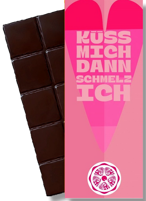 CHOCQLATE „Küss mich, dann schmelz ich“ Schokolade 50 % mit Haselnussmus – Verpackung und Schokolade mit Haselnüssen