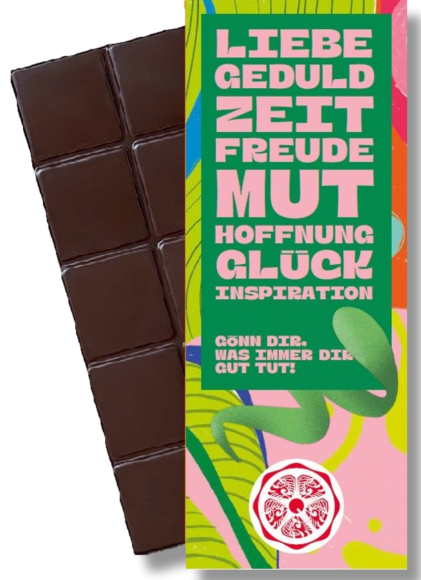 CHOCQLATE „Gönn Dir, was immer Dir gut tut!“ Schokolade 50 % mit Haselnussmus – Verpackung und Schokolade mit Haselnüssen