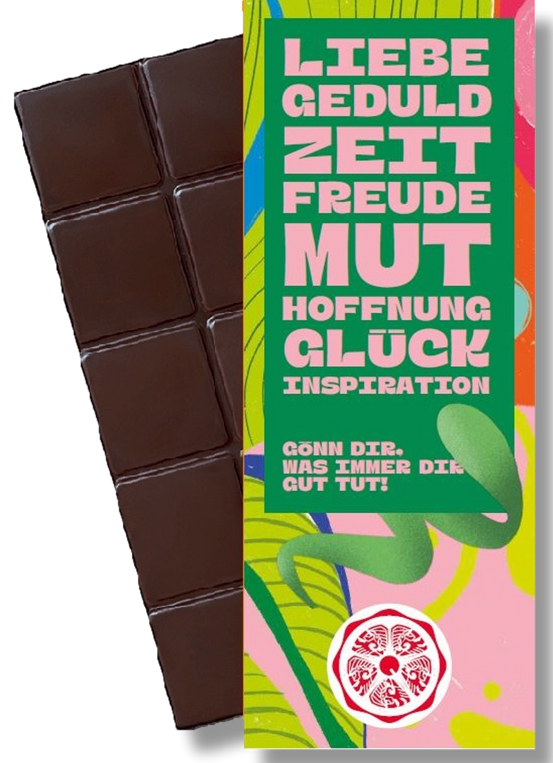 CHOCQLATE „Gönn Dir, was immer Dir gut tut!“ Schokolade 50 % mit Haselnussmus – Verpackung und Schokolade mit Haselnüssen